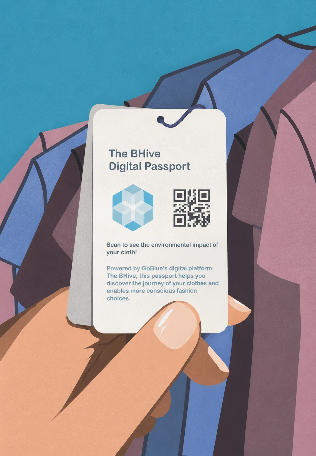 Digital passport visual: a hand holds a BHive passport with a QR code in front of garments